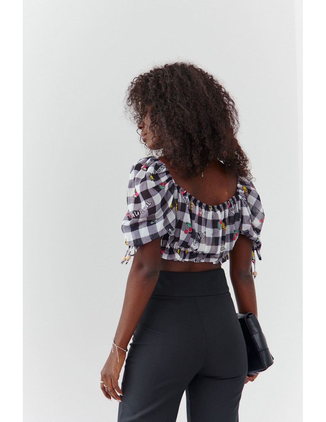 Checkered summer top with short sleeves, black 02050 - Online store - Boutique